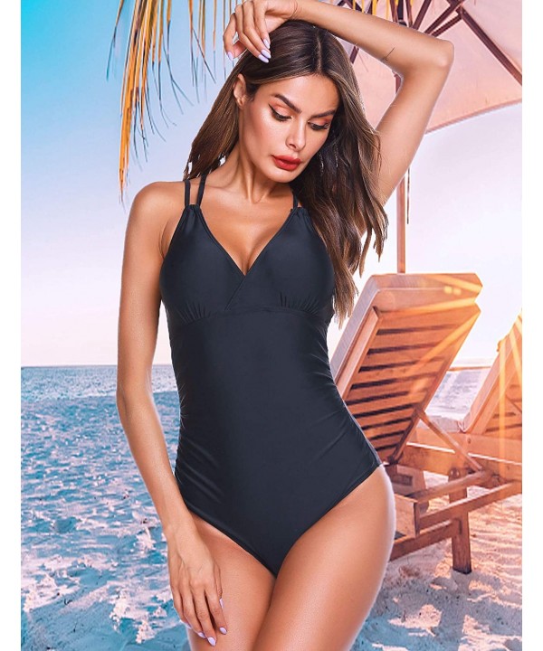 Women's One Piece Swimsuits Tummy Control V Neck Swimwear Slimming Monokini Bathing Suits - Black - CF194IX8OLU $17.27-One-Pi...