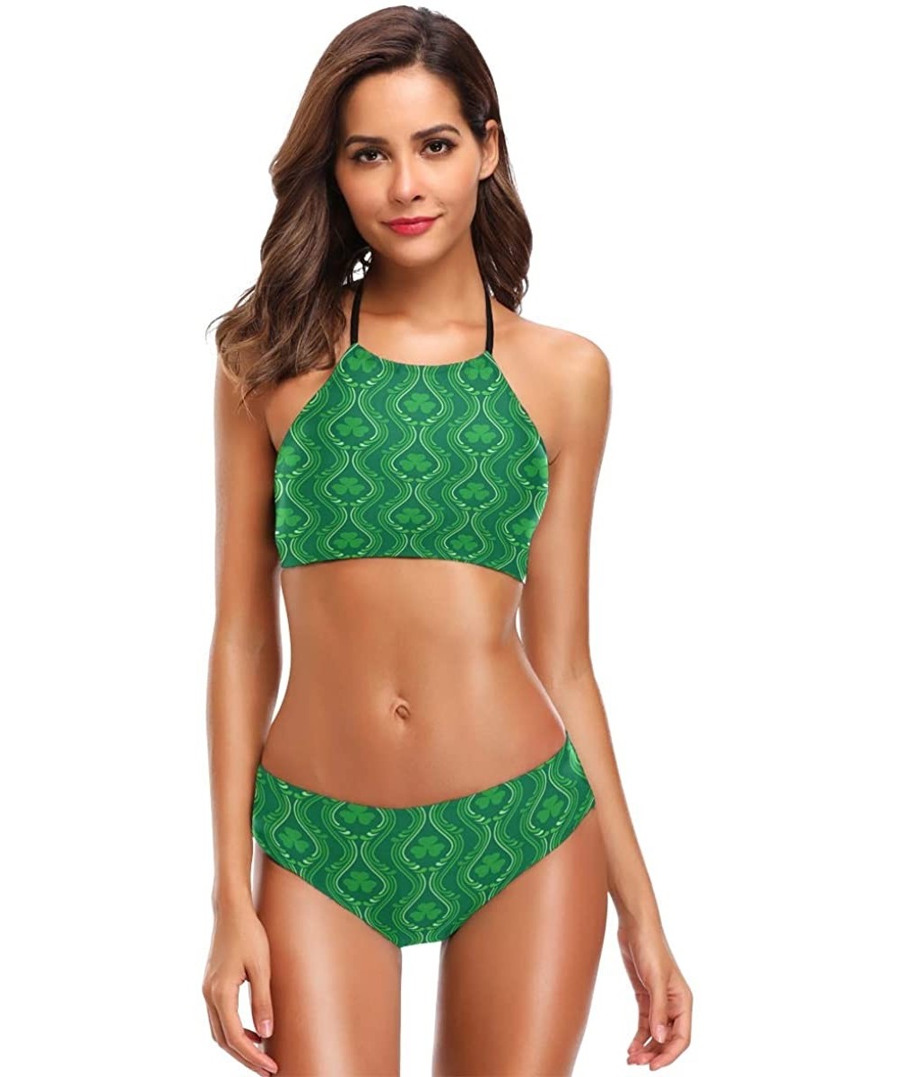 Lucky Clover Bikini Swimsuit Womens High Neck Halter Two Piece Bathing Suit - CE18O94O30E $31.27-Sets