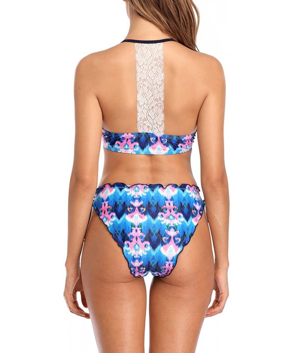 Womens High Neck Cutout Bikini Lace Mesh Strappy Two Piece Swimsuit - 2 Blue Floral - C718YZQHNHS $8.91-Sets