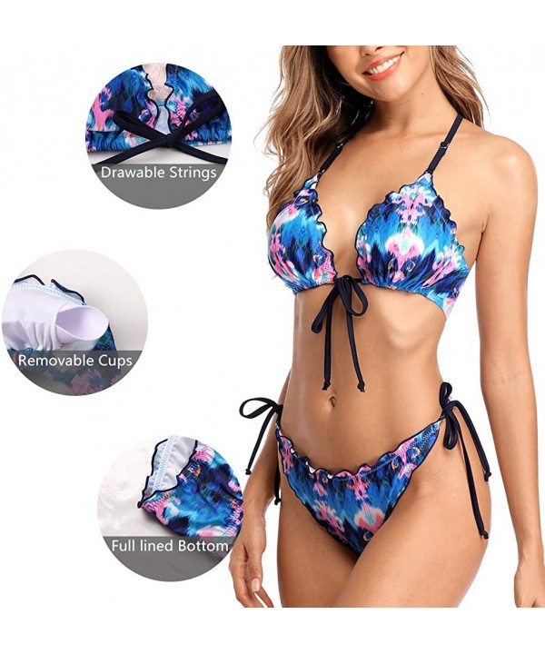 Womens High Neck Cutout Bikini Lace Mesh Strappy Two Piece Swimsuit - 2 Blue Floral - C718YZQHNHS $8.91-Sets