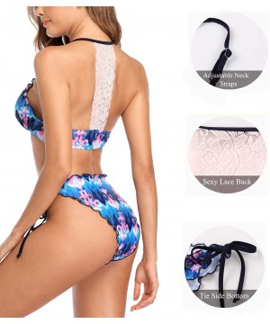 Womens High Neck Cutout Bikini Lace Mesh Strappy Two Piece Swimsuit - 2 Blue Floral - C718YZQHNHS $8.91-Sets