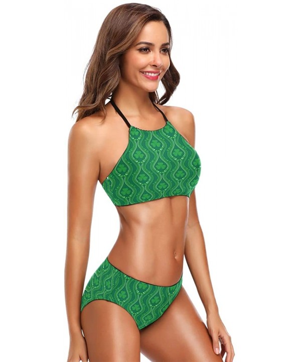 Lucky Clover Bikini Swimsuit Womens High Neck Halter Two Piece Bathing Suit - CE18O94O30E $31.27-Sets