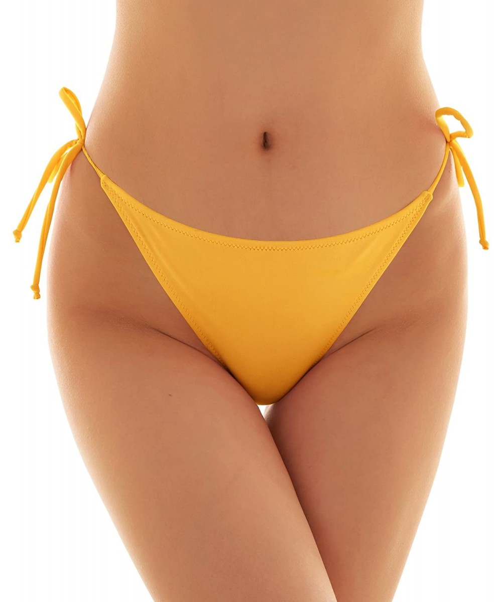 Womens Brazilian Low Rise Tie-Side Ruched Back Thong Bikini Bottom Swim Brief (Large/(US 12-14)- Lily Yellow) - C9183YDZLU0 $...