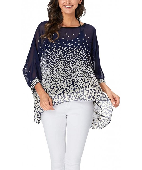 Women's Chiffon Floral Printed Caftan Poncho Tunic Top Cover up Batwing Loose Blouse - Navy Clover - CN18XWERDHH $16.26-Cover...