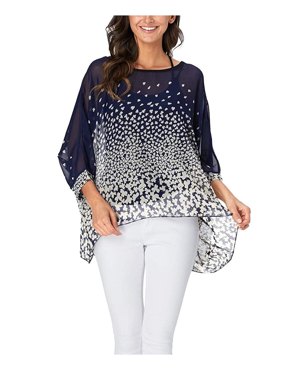 Women's Chiffon Floral Printed Caftan Poncho Tunic Top Cover up Batwing Loose Blouse - Navy Clover - CN18XWERDHH $16.26-Cover...