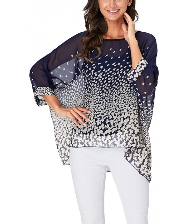 Women's Chiffon Floral Printed Caftan Poncho Tunic Top Cover up Batwing Loose Blouse - Navy Clover - CN18XWERDHH $16.26-Cover...