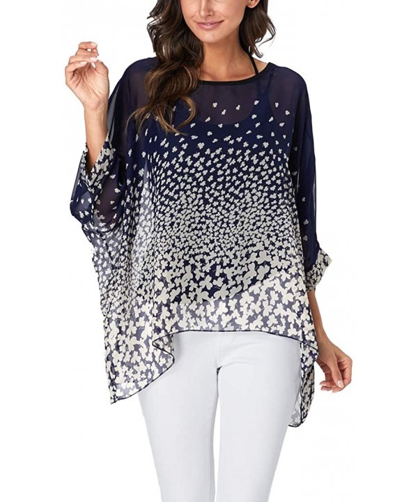 Women's Chiffon Floral Printed Caftan Poncho Tunic Top Cover up Batwing Loose Blouse - Navy Clover - CN18XWERDHH $16.26-Cover...