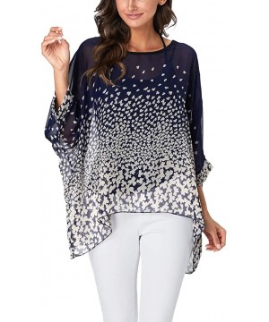 Women's Chiffon Floral Printed Caftan Poncho Tunic Top Cover up Batwing Loose Blouse - Navy Clover - CN18XWERDHH $16.26-Cover...