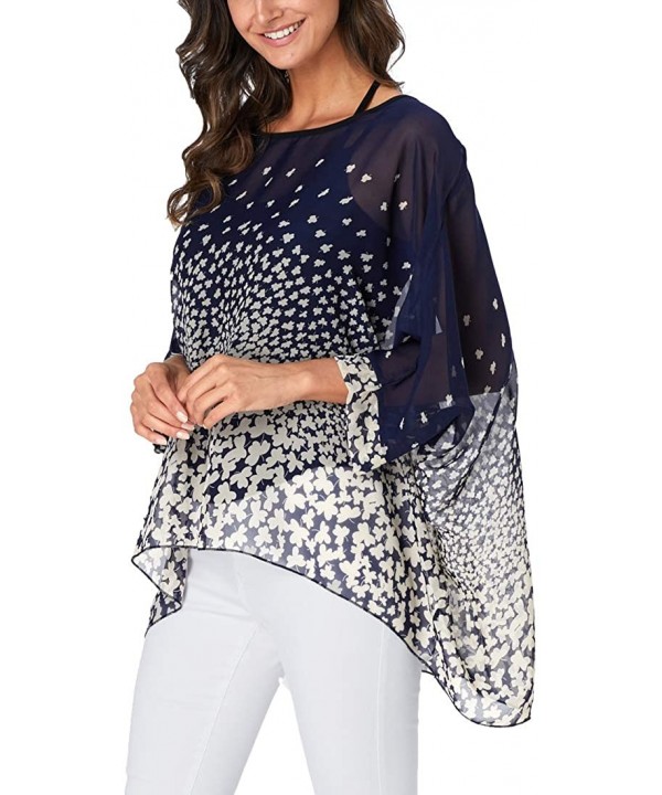 Women's Chiffon Floral Printed Caftan Poncho Tunic Top Cover up Batwing Loose Blouse - Navy Clover - CN18XWERDHH $16.26-Cover...