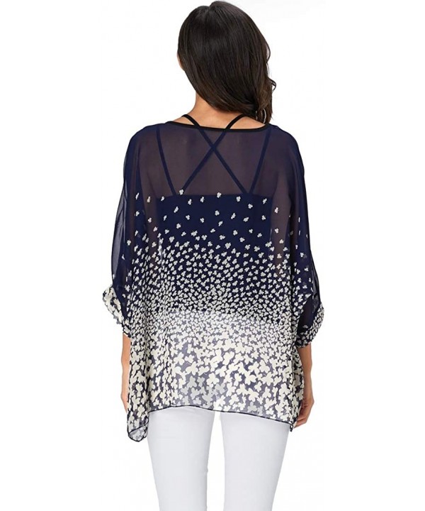 Women's Chiffon Floral Printed Caftan Poncho Tunic Top Cover up Batwing Loose Blouse - Navy Clover - CN18XWERDHH $16.26-Cover...