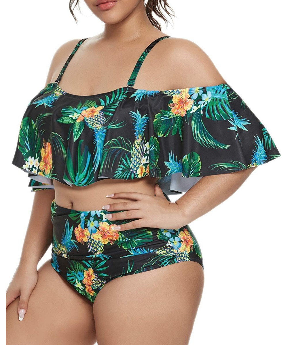 Plus Size Swimsuits for Women High Waisted Bikini Off Shoulder Two Piece Bathing Suits - Black Pineapple - CA19656A4AN $18.41...