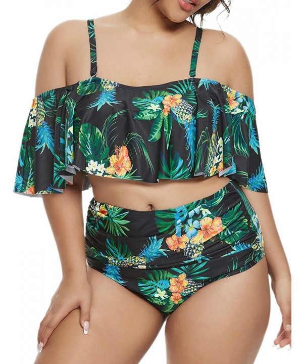 Plus Size Swimsuits for Women High Waisted Bikini Off Shoulder Two Piece Bathing Suits - Black Pineapple - CA19656A4AN $18.41...