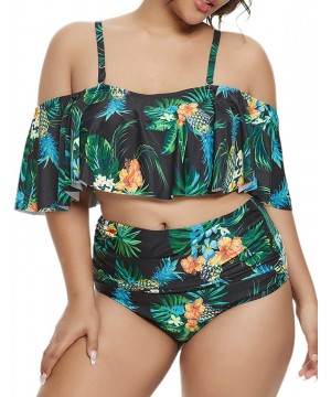 Plus Size Swimsuits for Women High Waisted Bikini Off Shoulder Two Piece Bathing Suits - Black Pineapple - CA19656A4AN $18.41...