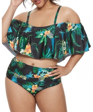 Plus Size Swimsuits for Women High Waisted Bikini Off Shoulder Two Piece Bathing Suits - Black Pineapple - CA19656A4AN $18.41...