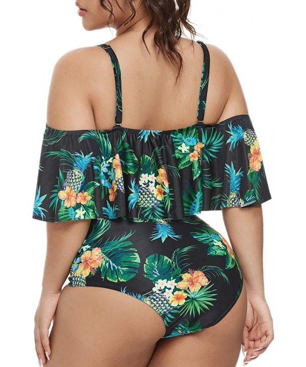 Plus Size Swimsuits for Women High Waisted Bikini Off Shoulder Two Piece Bathing Suits - Black Pineapple - CA19656A4AN $18.41...