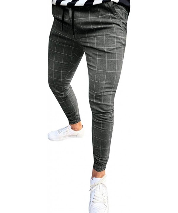 Mens Pants Plaid Classic-Fit Casual Pants Slim-fit Beam Foot Drawstring Long Trouser - Dark Gray - C318UWMX86S $17.13-Trunks