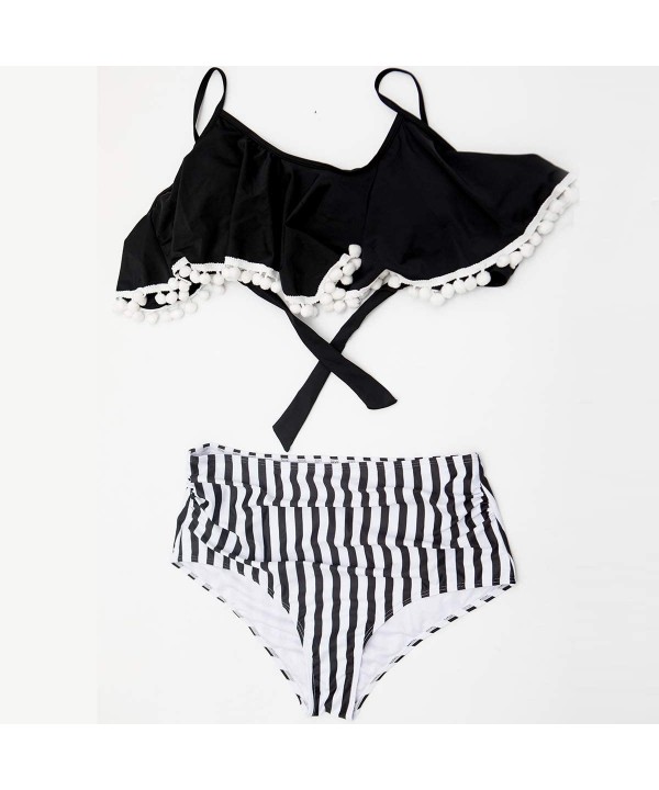 Two Pieces High Waisted Ruffled Flounce Bikini Swimsuit for Women Off Shoulder Tankinis Set Black Top+stripe Bottom - C018RO0...