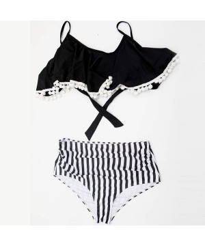 Two Pieces High Waisted Ruffled Flounce Bikini Swimsuit for Women Off Shoulder Tankinis Set Black Top+stripe Bottom - C018RO0...