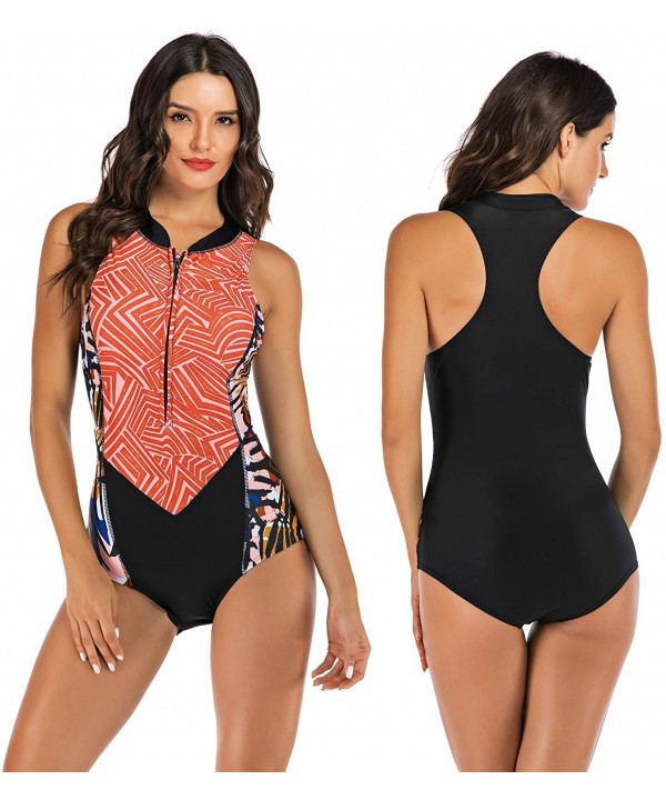 Women's One Piece Half Sleeve Swimsuit Rash Guard Zip UV Protection Printed Surfing Swimwear Bathing Suit - Passion Orange - ...