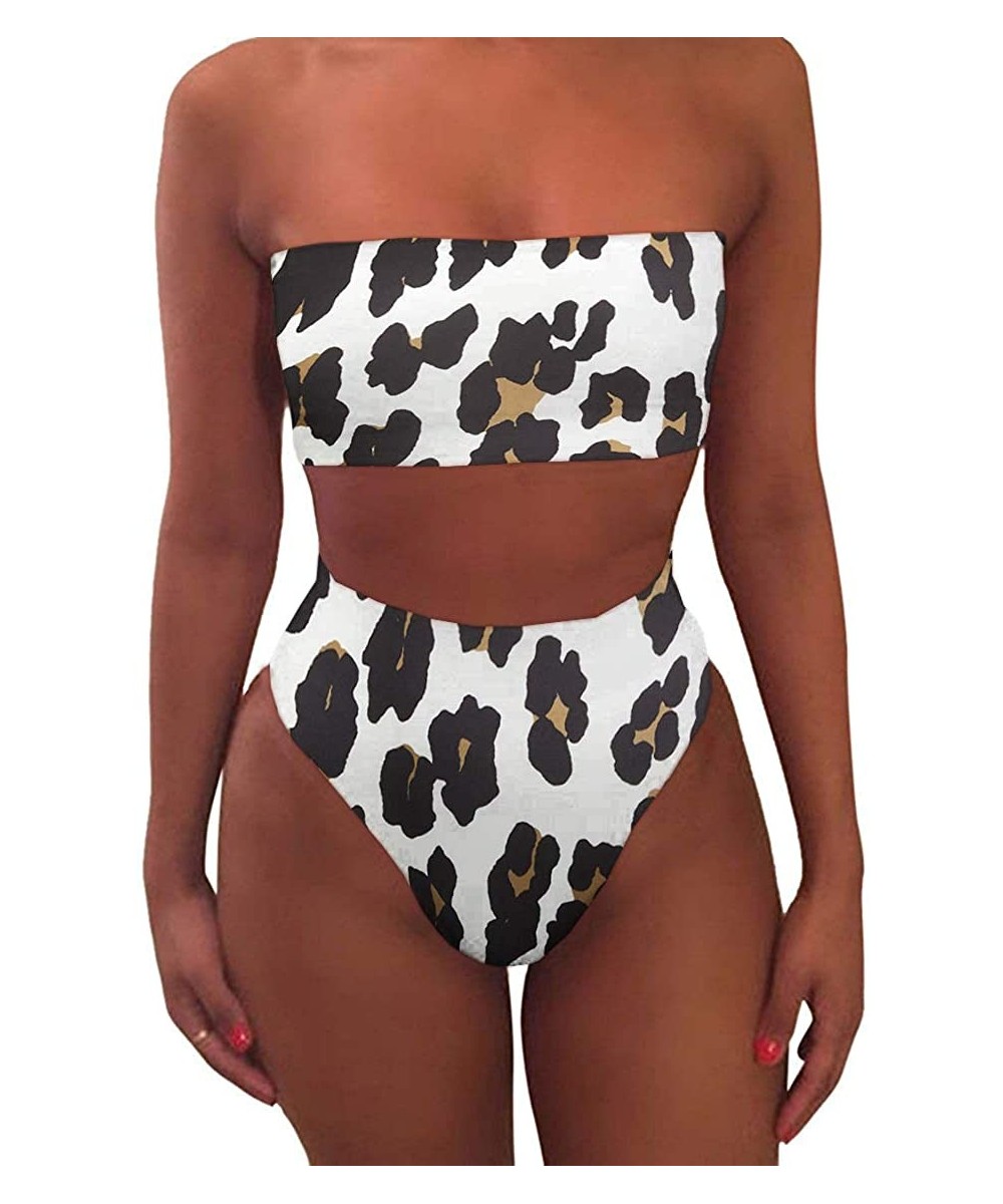 Womens Sexy High Waisted Bikini 2 Piece Bandeau Swimsuit Top Cheeky Bottoms Set - R-leopard - CY18R0A6M36 $22.61-Sets