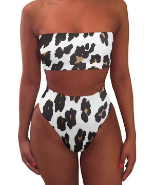 Womens Sexy High Waisted Bikini 2 Piece Bandeau Swimsuit Top Cheeky Bottoms Set - R-leopard - CY18R0A6M36 $22.61-Sets