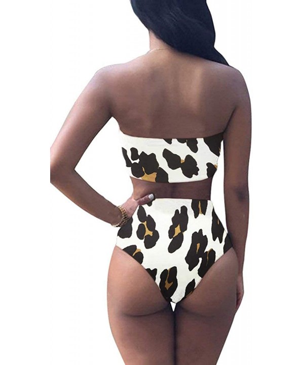 Womens Sexy High Waisted Bikini 2 Piece Bandeau Swimsuit Top Cheeky Bottoms Set - R-leopard - CY18R0A6M36 $22.61-Sets