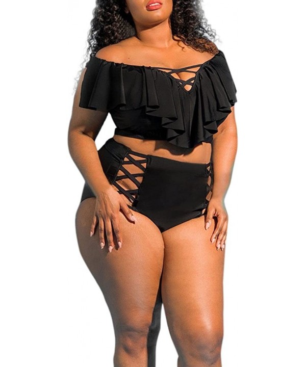 Womens Plus Size Swimwear Plus Size Solid Bikini Set Push-Up Padded Bathing Swimsuit - Black - CM18OK5R4TY $25.58-Rash Guards