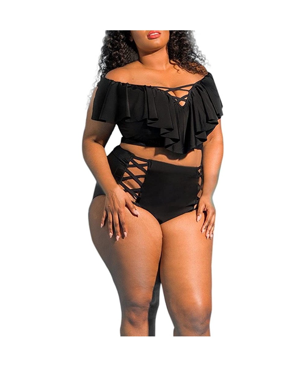 Womens Plus Size Swimwear Plus Size Solid Bikini Set Push-Up Padded Bathing Swimsuit - Black - CM18OK5R4TY $25.58-Rash Guards