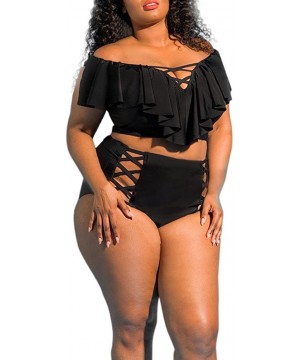 Womens Plus Size Swimwear Plus Size Solid Bikini Set Push-Up Padded Bathing Swimsuit - Black - CM18OK5R4TY $25.58-Rash Guards