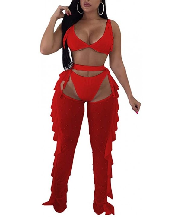 Women Beading Pearl See Through Sheer Mesh 2 Pieces Outfits Jumpsuits Crop Top and Hollow Out Ruffle Long Pants Red - CO18HAN...