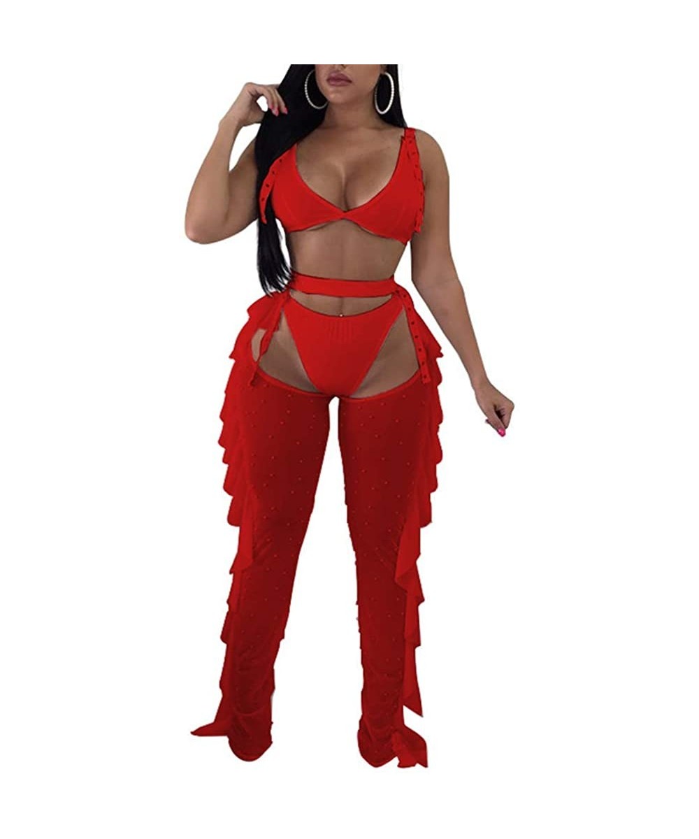 Women Beading Pearl See Through Sheer Mesh 2 Pieces Outfits Jumpsuits Crop Top and Hollow Out Ruffle Long Pants Red - CO18HAN...