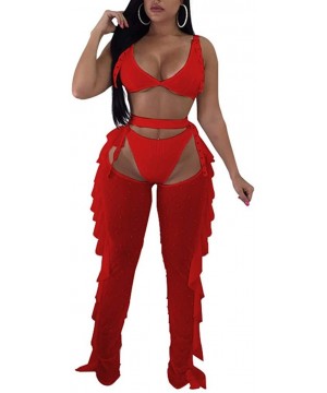 Women Beading Pearl See Through Sheer Mesh 2 Pieces Outfits Jumpsuits Crop Top and Hollow Out Ruffle Long Pants Red - CO18HAN...