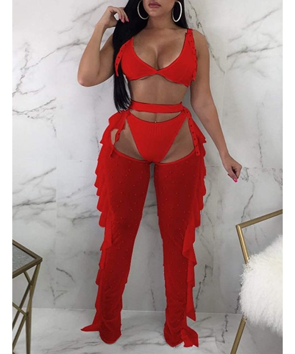 Women Beading Pearl See Through Sheer Mesh 2 Pieces Outfits Jumpsuits Crop Top and Hollow Out Ruffle Long Pants Red - CO18HAN...