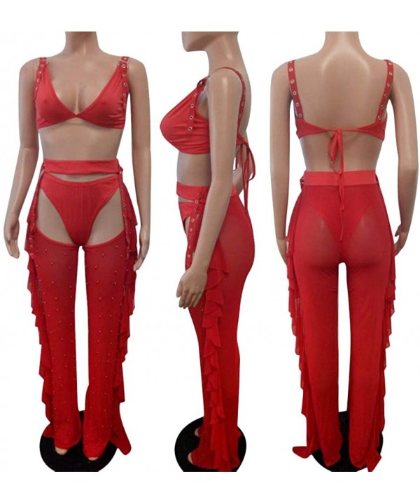 Women Beading Pearl See Through Sheer Mesh 2 Pieces Outfits Jumpsuits Crop Top and Hollow Out Ruffle Long Pants Red - CO18HAN...