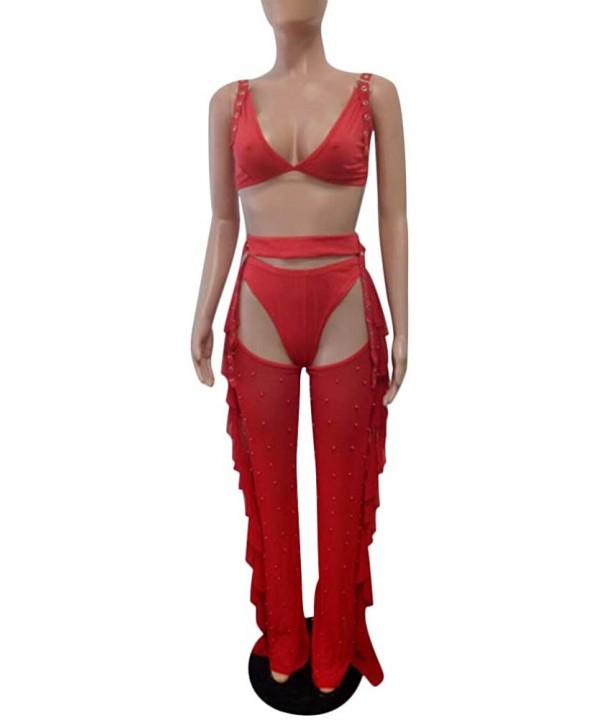 Women Beading Pearl See Through Sheer Mesh 2 Pieces Outfits Jumpsuits Crop Top and Hollow Out Ruffle Long Pants Red - CO18HAN...