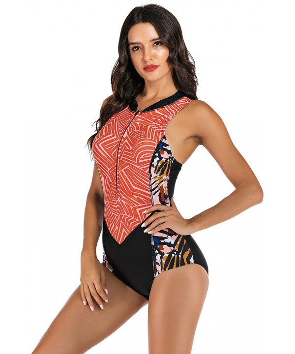 Women's One Piece Half Sleeve Swimsuit Rash Guard Zip UV Protection Printed Surfing Swimwear Bathing Suit - Passion Orange - ...