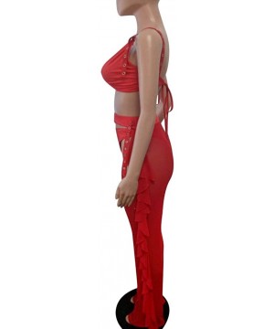 Women Beading Pearl See Through Sheer Mesh 2 Pieces Outfits Jumpsuits Crop Top and Hollow Out Ruffle Long Pants Red - CO18HAN...