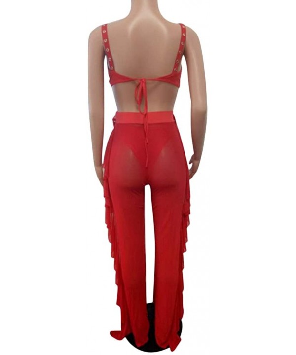 Women Beading Pearl See Through Sheer Mesh 2 Pieces Outfits Jumpsuits Crop Top and Hollow Out Ruffle Long Pants Red - CO18HAN...