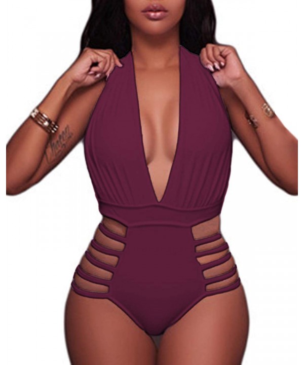 Women Sexy One Piece Swimsuits Halter Plunge V Neck Cutout Bathing Suits - Purple - CM18XOIOR3H $18.84-One-Pieces