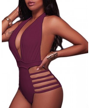 Women Sexy One Piece Swimsuits Halter Plunge V Neck Cutout Bathing Suits - Purple - CM18XOIOR3H $18.84-One-Pieces