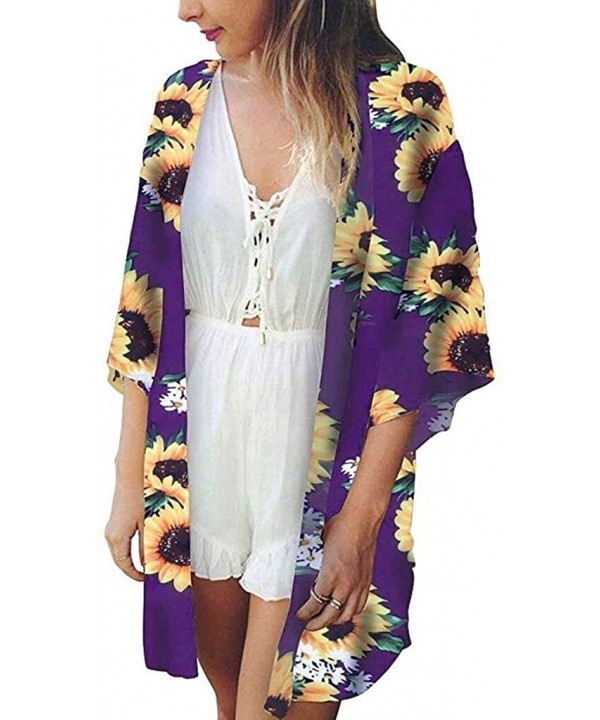 Women Beach Tops Print Sunflower Swimwear Cardigan Swimsuit Bikini Cover Up Loose Fitting Bat Wing Plain Shirts Purple - C218...