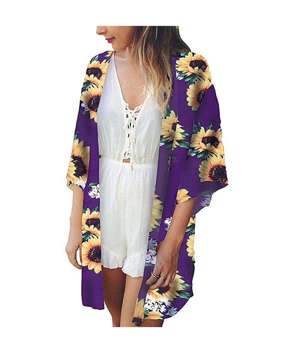 Women Beach Tops Print Sunflower Swimwear Cardigan Swimsuit Bikini Cover Up Loose Fitting Bat Wing Plain Shirts Purple - C218...