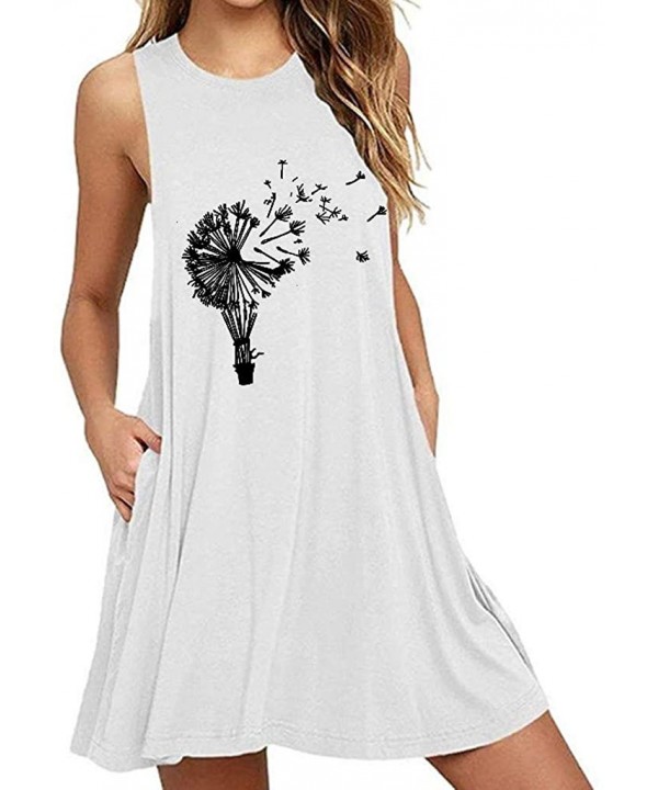 Womens Dandelion Print Short Dress Casual Beach Sundress Mini A Line Sleeveless O Neck Tank Dress with Pocket White2 - C519CR...