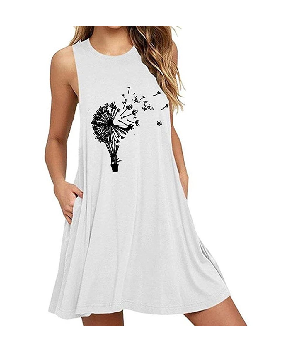 Womens Dandelion Print Short Dress Casual Beach Sundress Mini A Line Sleeveless O Neck Tank Dress with Pocket White2 - C519CR...