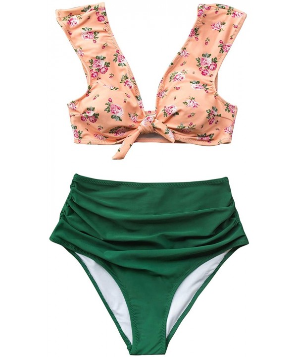 Women's Front Knot High Waisted Shirring Pink Green Bikini Set - Multicolored - CE18UZY9XI5 $33.00-Sets