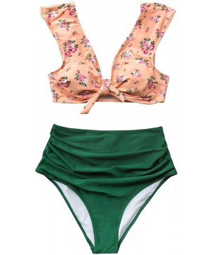 Women's Front Knot High Waisted Shirring Pink Green Bikini Set - Multicolored - CE18UZY9XI5 $33.00-Sets