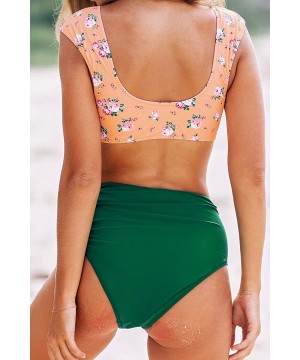 Women's Front Knot High Waisted Shirring Pink Green Bikini Set - Multicolored - CE18UZY9XI5 $33.00-Sets