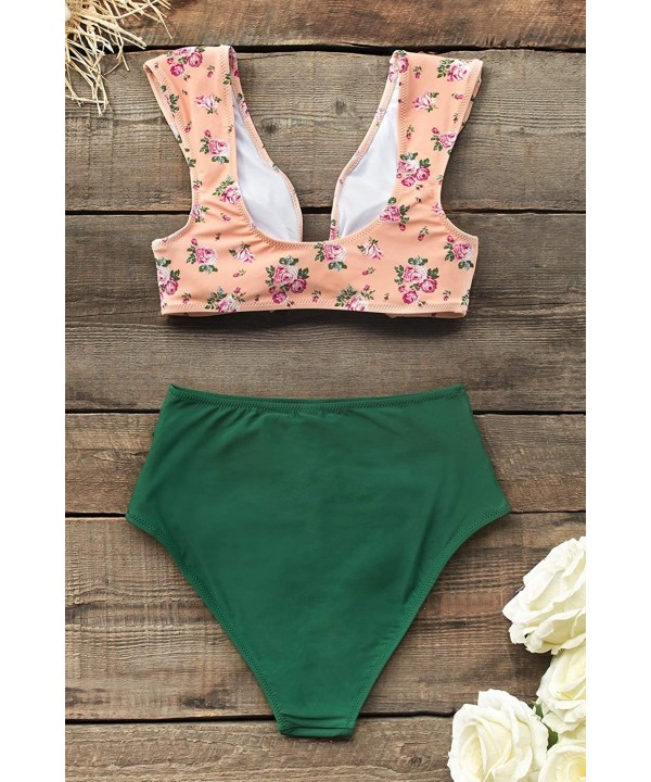 Women's Front Knot High Waisted Shirring Pink Green Bikini Set - Multicolored - CE18UZY9XI5 $33.00-Sets