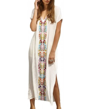 Women Casual V Neck Loose Caftan Long Dress Beach Wear Split Maxi Dress - White 5062 - CU19ES5DY5W $26.33-Cover-Ups