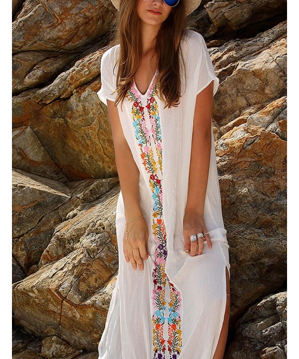 Women Casual V Neck Loose Caftan Long Dress Beach Wear Split Maxi Dress - White 5062 - CU19ES5DY5W $26.33-Cover-Ups